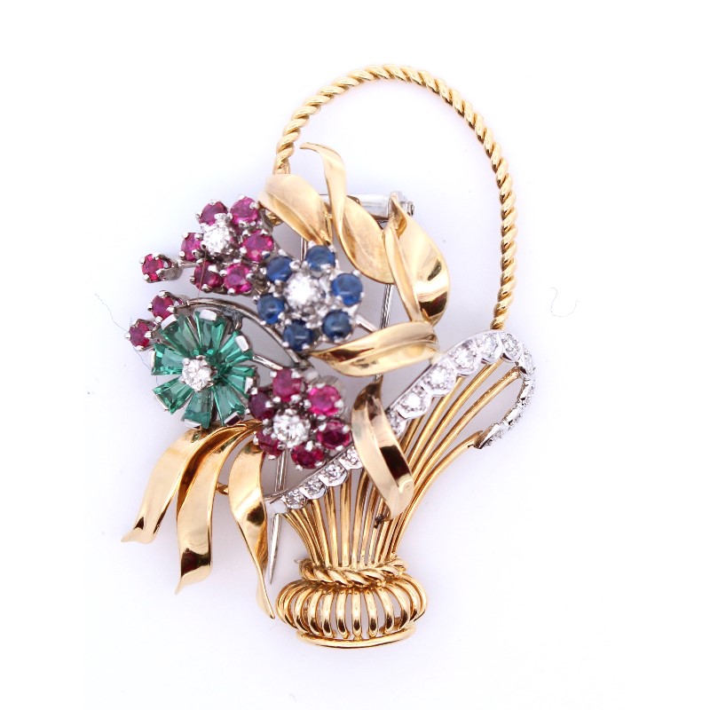 Estate Diamond  Ruby  Blue Sapphire  And Emerald Flower Basket Pin